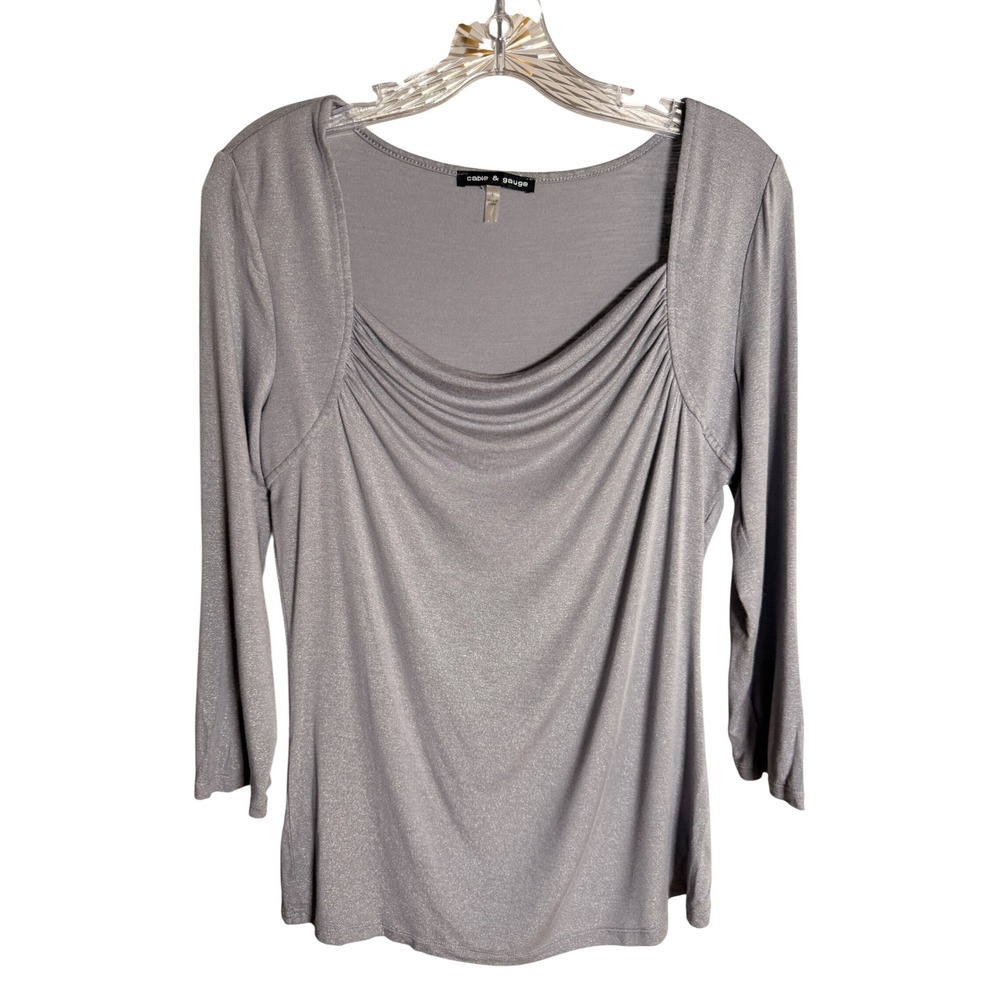 Cable & Gauge Draped Cowl Neck Top Womens Large Silver Viscose Shimmer Metallic